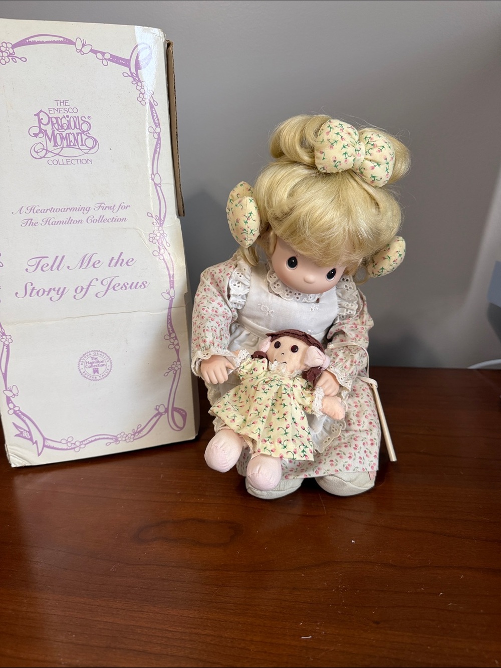 Precious Moments Blonde Girl Figurine in Cream and Pink Floral Dress with Doll